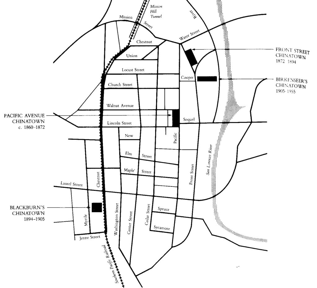 Map of the locations of Santa Cruz's Chinatowns