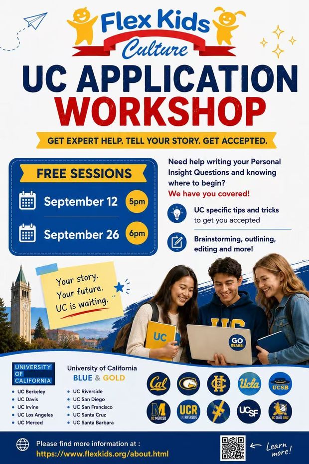UC Application Workshop poster: get expert help, tell your story, get accepted — free sessions September 12 at 5pm and September 26 at 6pm